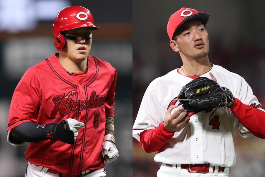 広島・小園海斗（左）と矢野雅哉【写真：栗木一考】
