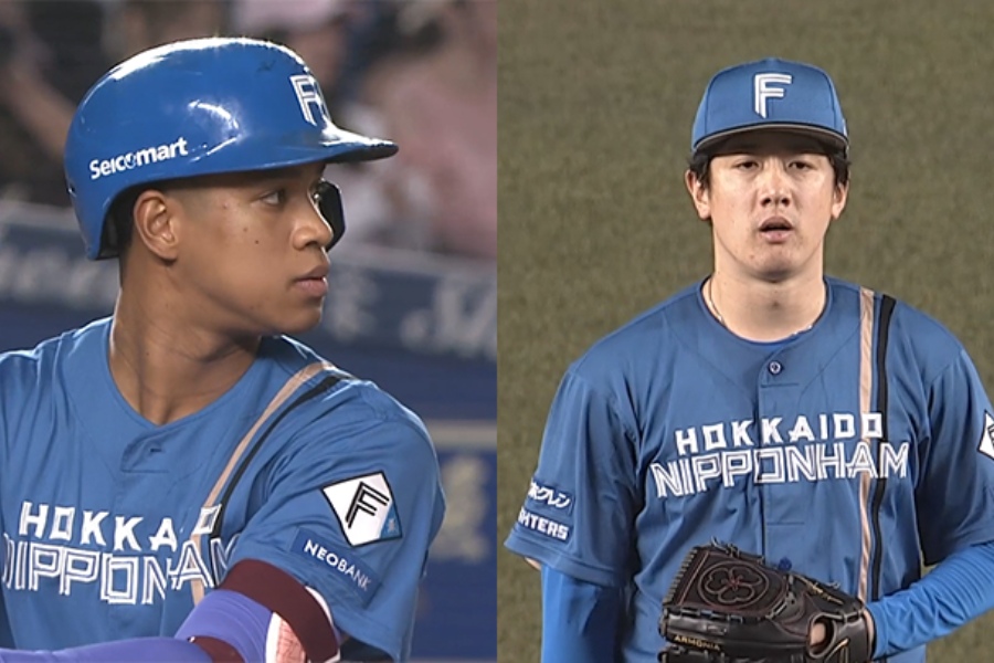 日本ハム・万波中正（左）と北山亘基【画像：パーソル パ・リーグTV】