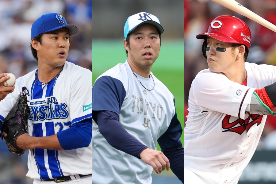 DeNA・藤浪晋太郎、ヤクルト・青柳晃洋、広島・小園海斗（左から）【写真：井上学、加治屋友輝、栗木一考】