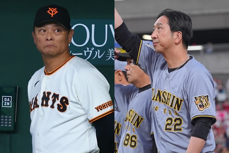 巨人・橋上秀樹監督代行（左）と阪神・藤川球児監督【写真：加治屋友輝、写真提供：産経新聞社】