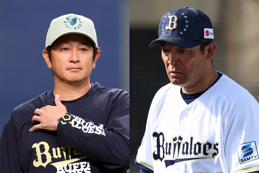 オリックスを退団する川島慶三打撃コーチ（左）と波留敏夫ヘッドコーチ【写真：加治屋友輝】