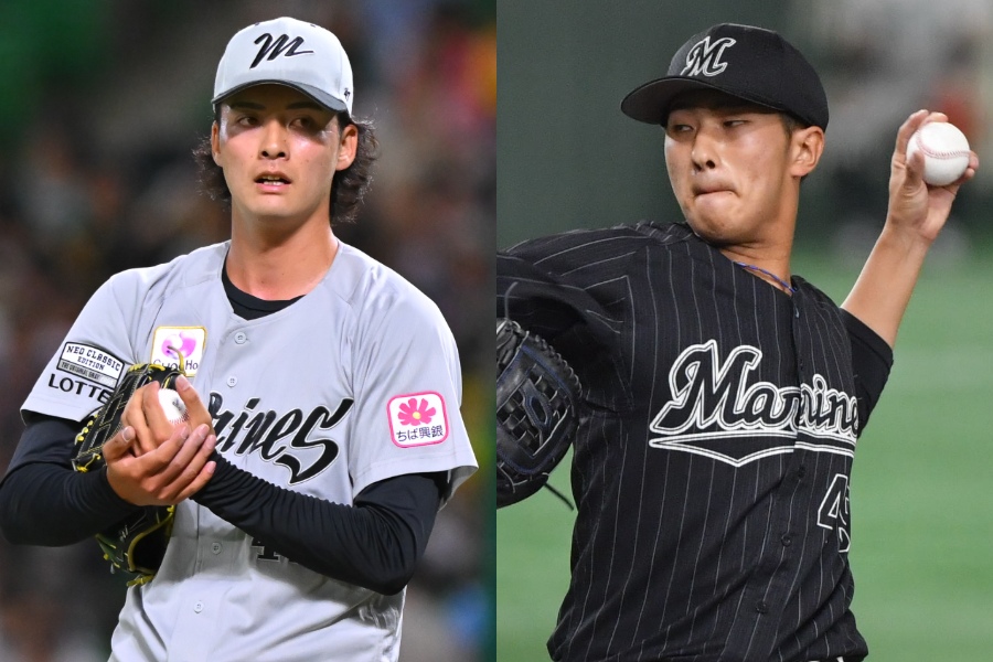 ロッテ・一條力真（左）と本前郁也【写真：古川剛伊、小林靖】