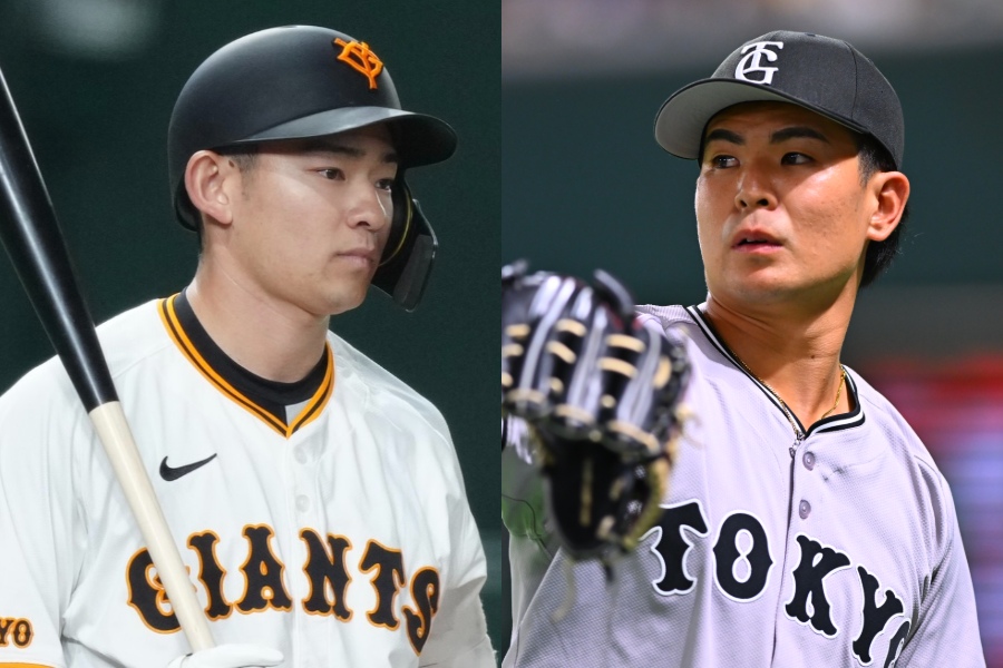 巨人・萩尾匡也（左）と山田龍聖【写真：矢口亨、加治屋友輝】