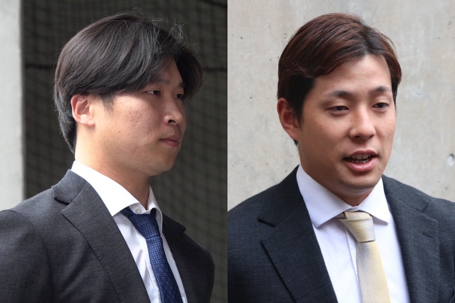 ソフトバンク・長谷川威展（左）と大江竜聖【写真：竹村岳、飯田航平】