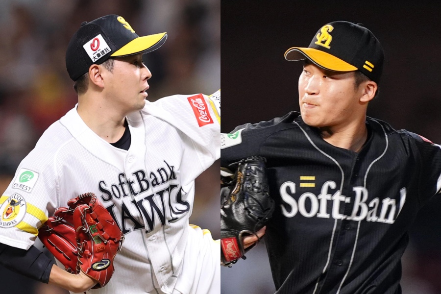 ソフトバンク・大江竜聖（左）と長谷川威展【写真：小林靖】