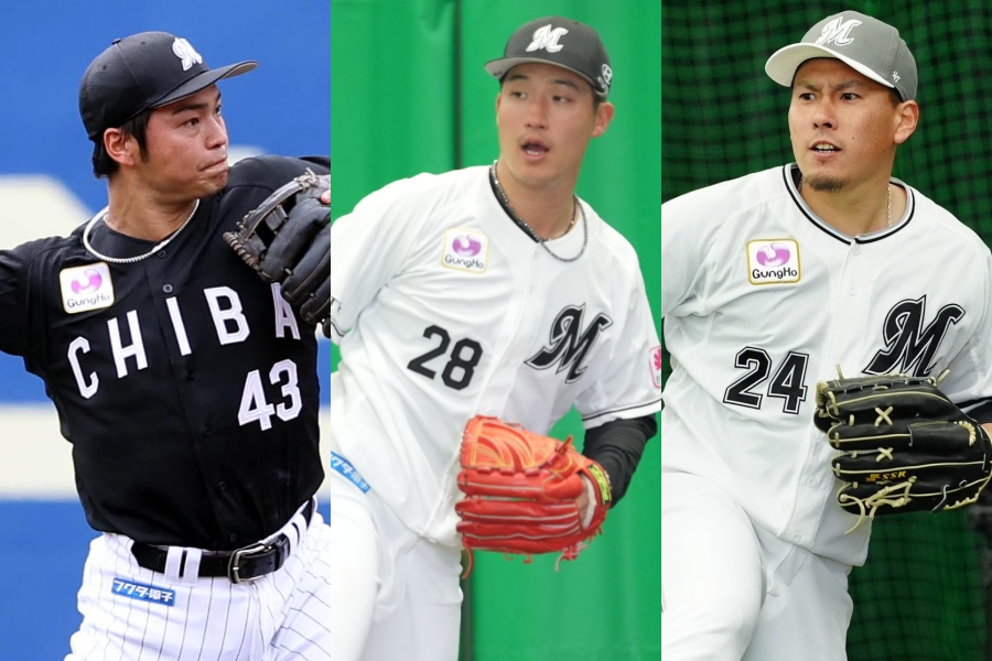ロッテ・石垣勝海、菊地吏玖、東妻勇輔（左から）【写真：栗木一考、岡部直樹、小林靖】
