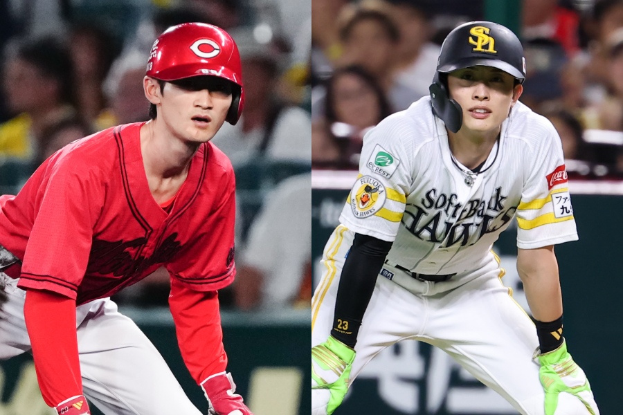 広島・辰見鴻之介（左）とソフトバンク・周東佑京【写真：黒澤崇、加治屋友輝】
