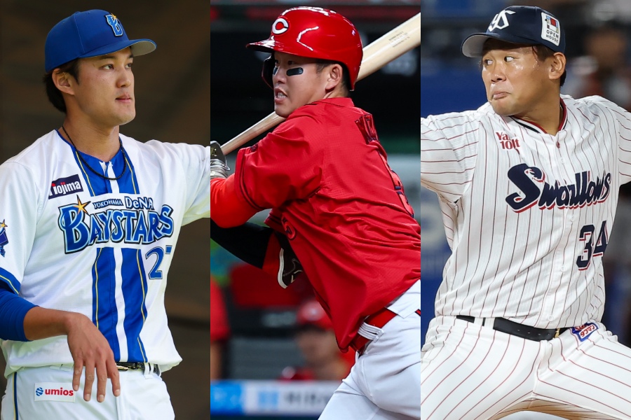 DeNA・藤浪晋太郎、広島・小園海斗、ヤクルト・田口麗斗（左から）【写真：加治屋友輝】