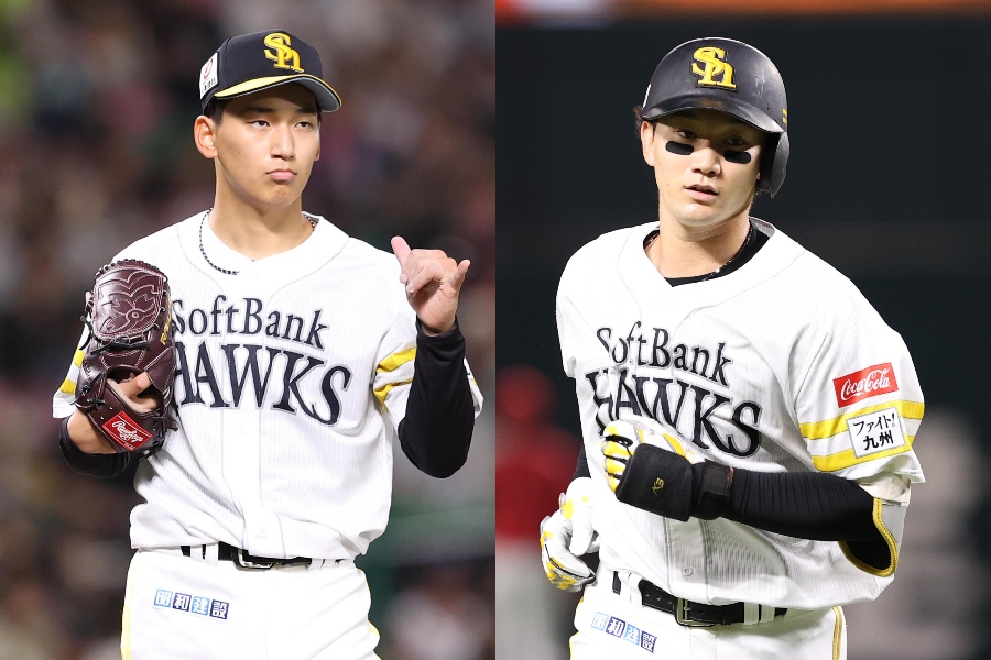今季飛躍を遂げたソフトバンク・前田悠伍（左）と正木智也【写真：栗木一考】