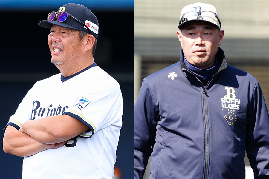 退団が発表された水本勝巳巡回統括コーチ（左）と平井正史投手コーチ【写真：加治屋友輝、小林靖】