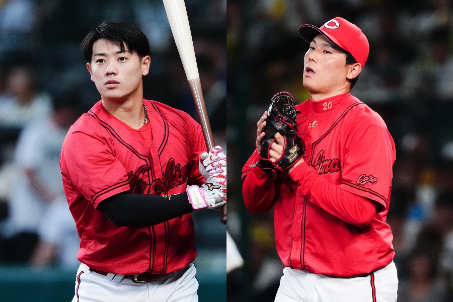 広島・勝田成(左)と栗林良吏【写真:黒澤崇】