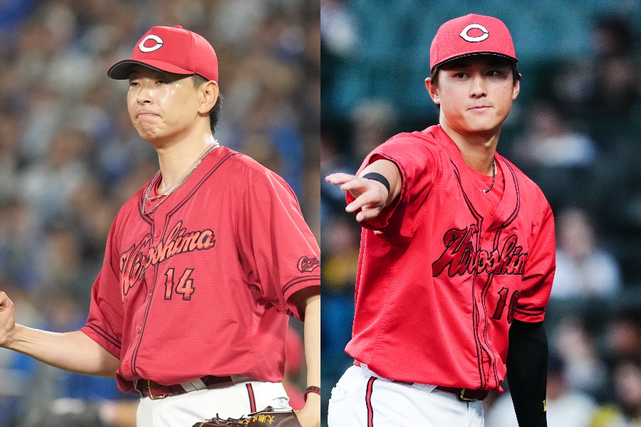 広島・大瀬良大地（左）と佐々木泰【写真：井上学、黒澤崇】