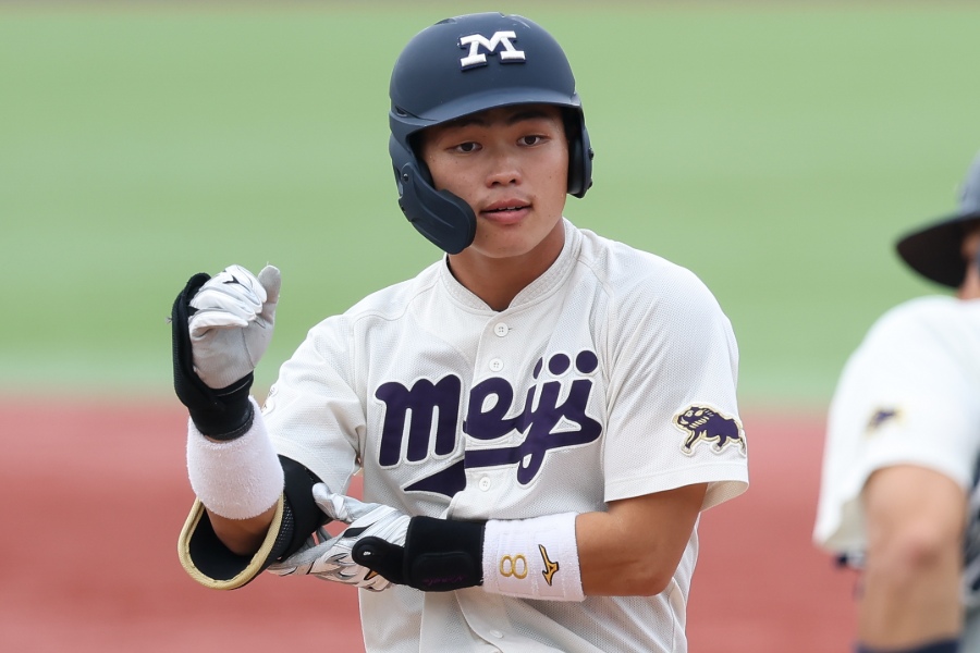 阪神から単独1位指名された明大・榊原七斗【写真:加治屋友輝】