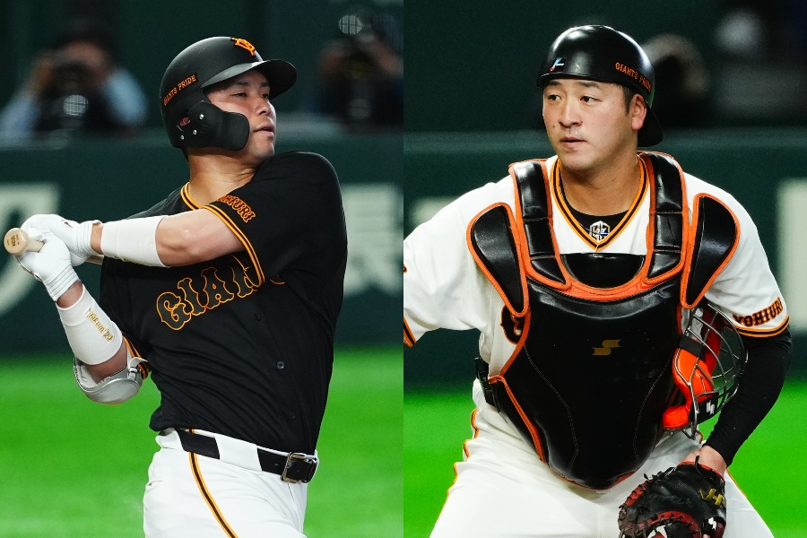 巨人・大城卓三（左）と岸田行倫【写真：小林靖、黒澤崇】