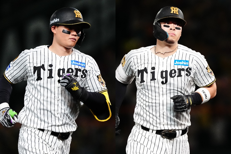 スタメンに復帰した阪神・森下翔太(左)と佐藤輝明【写真:黒澤崇】