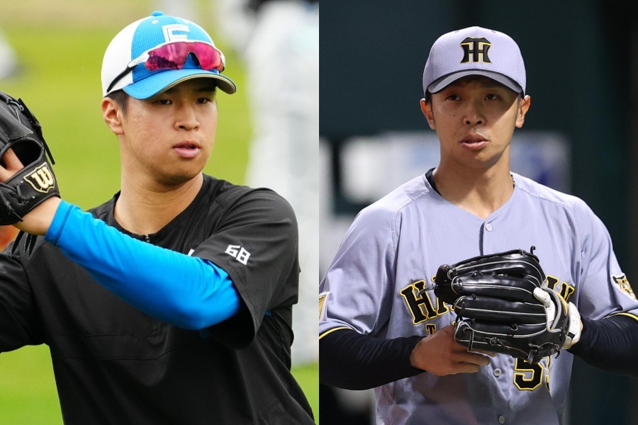 戦力外通告を受けた日本ハム・松岡洸希(左)と阪神・島田海吏【写真:荒川祐史、栗木一考】