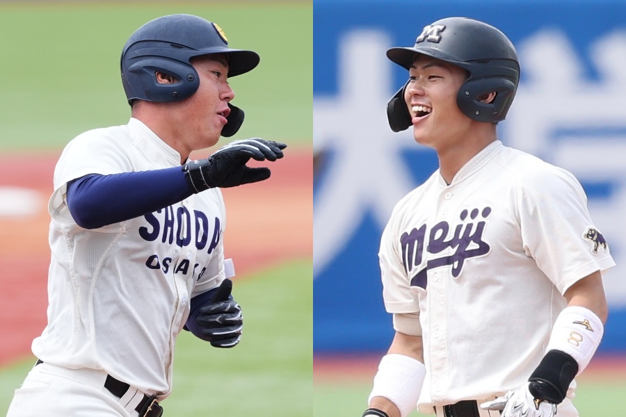 大商大・春山陽登(左)と明大・榊原七斗【写真:加治屋友輝】