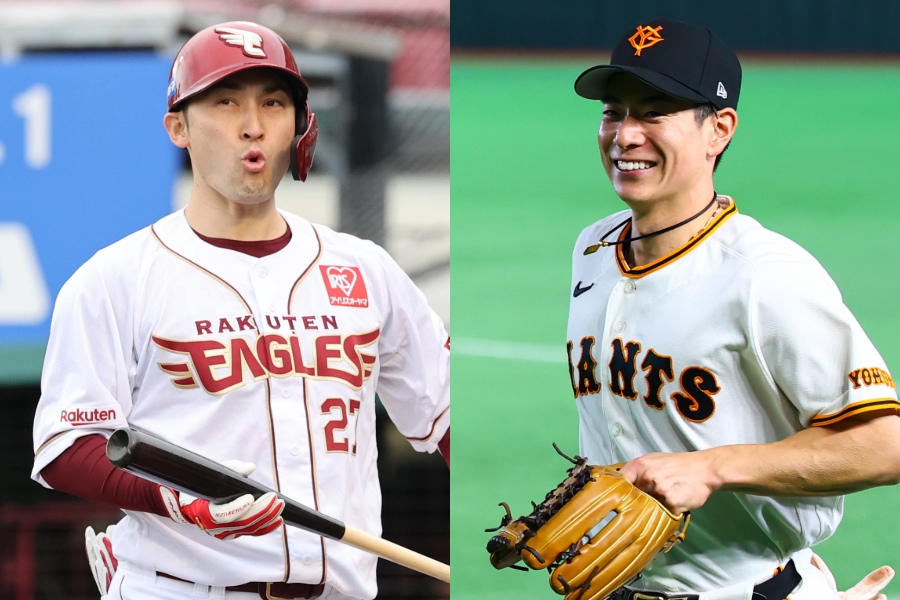 楽天から戦力外通告を受けた伊藤光（左）と巨人・松本剛【写真：小林靖】