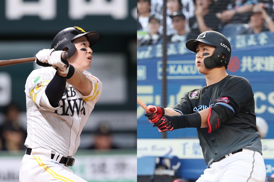 ソフトバンク・栗原陵矢とロッテ・山口航輝（左から）【写真：栗木一考】