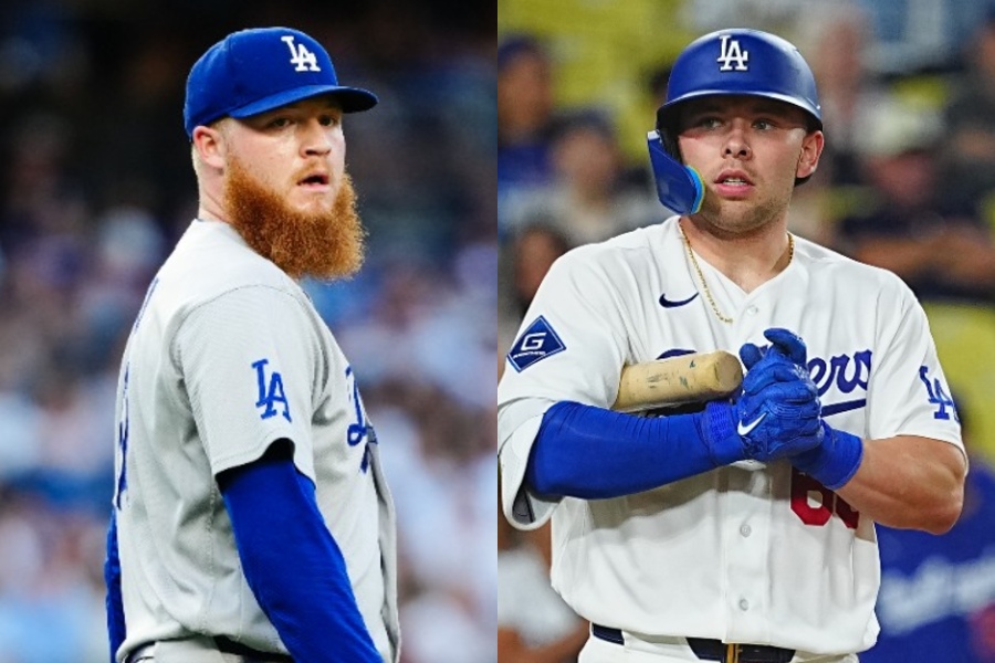 ドジャースのウィル・クライン（左）とダルトン・ラッシング【写真：黒澤崇、荒川祐史】