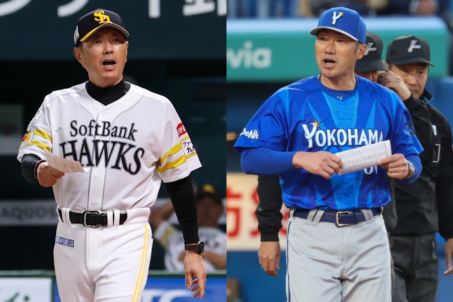 ソフトバンク・小久保裕紀監督（左）とDeNA・相川亮二監督【写真：加治屋友輝】