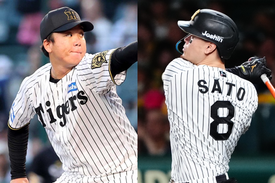 阪神・村上頌樹（左）と佐藤輝明【写真：黒澤崇】