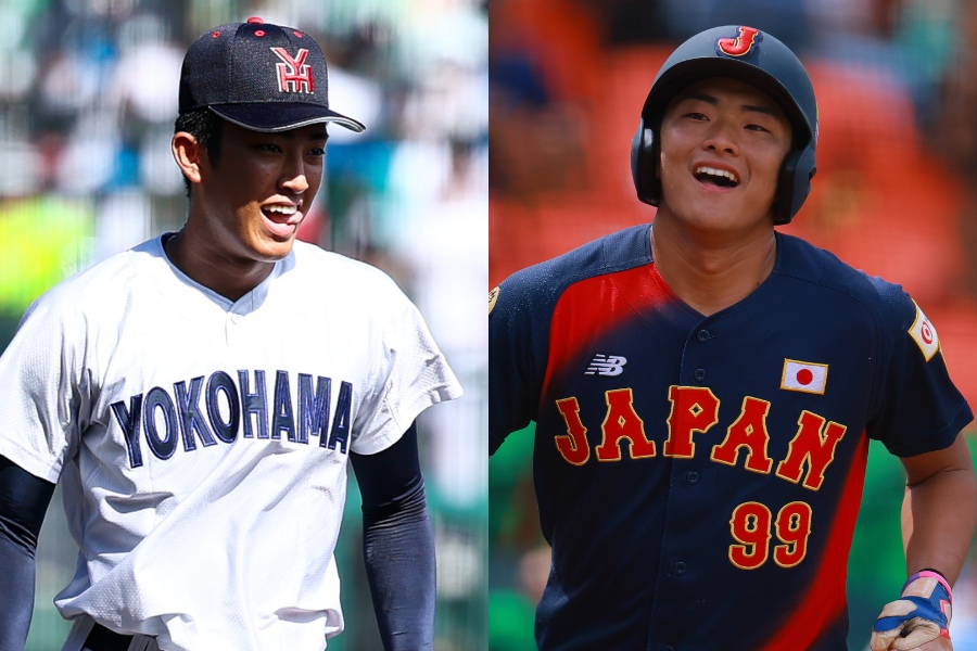 横浜・織田翔希（左）と多摩川ボーイズ・関蓮太郎【写真：加治屋友輝、Getty Images】