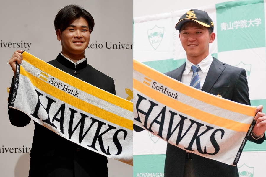 ソフトバンク3位の慶大・渡辺和大(左)と1位の青学大・鈴木泰成【写真:町田利衣、湯浅大】