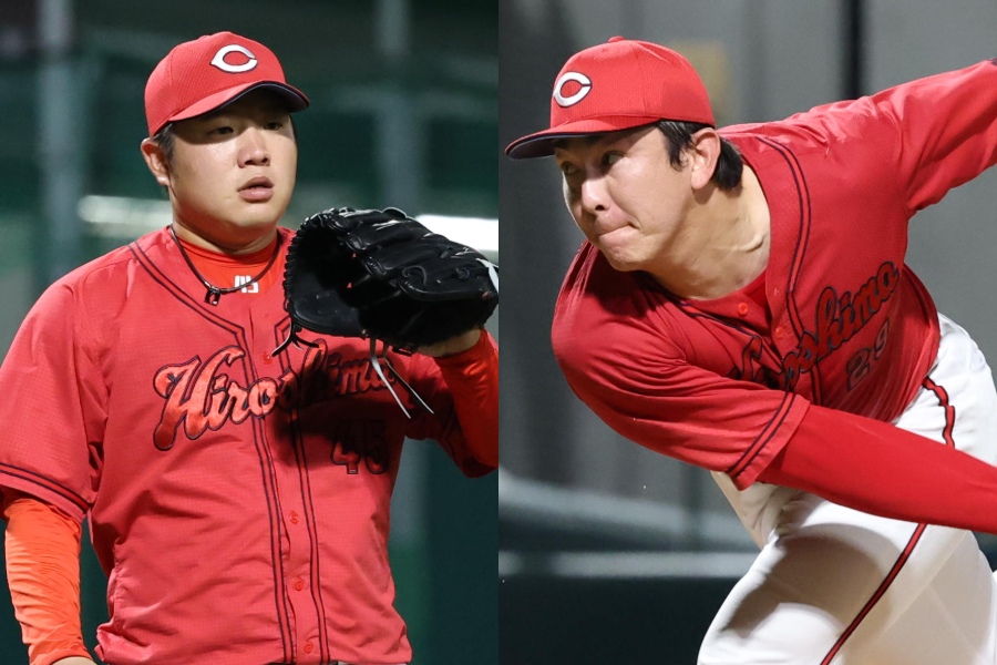 戦力外通告を受けた松本竜也（左）とケムナ誠【写真：栗木一考】