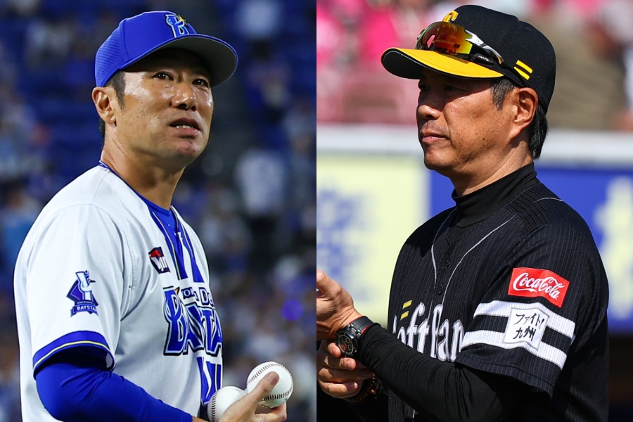 DeNA・相川亮二監督(左)とソフトバンク・小久保裕紀監督【写真:加治屋友輝】