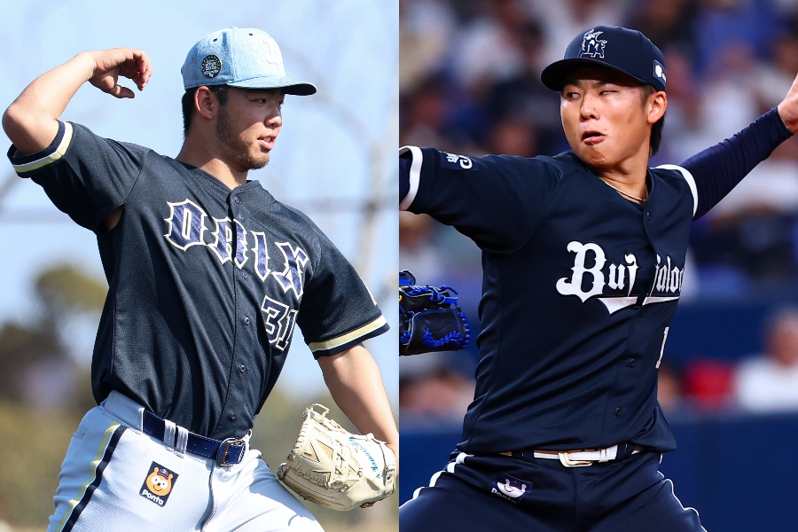 オリックス・藤川敦也（左）と曽谷龍平【写真：加治屋友輝】