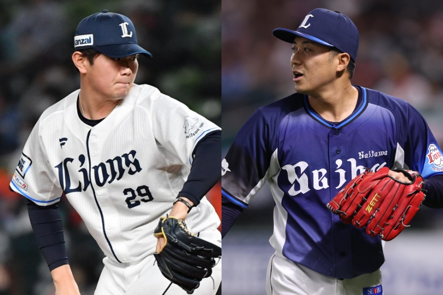 西武・青山美夏人（左）と糸川亮太【写真：小林靖】