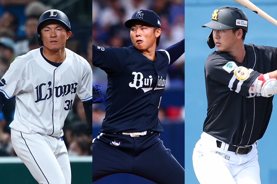 戦力外通告を受けた西武・茶野篤政、曽谷龍平、秋広優人（左から）【写真：加治屋友輝、小林靖】