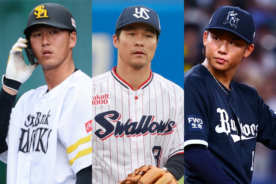戦力外通告を受けたソフトバンク・秋広優人、ヤクルト・茂木栄五郎、オリックス・曽谷龍平（左から）【写真：黒澤崇、小林靖】