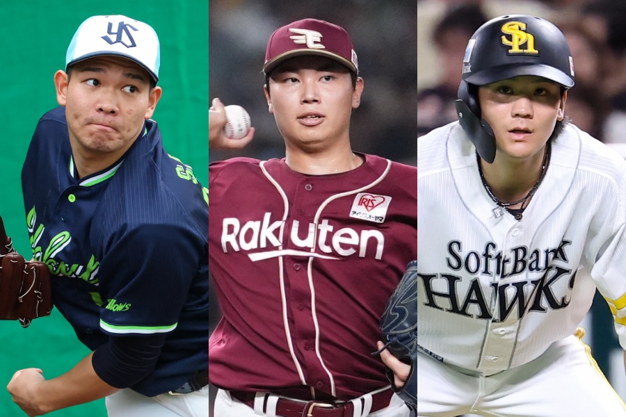 戦力外通告を受けたヤクルト・坂本拓己、楽天・渡辺翔太、ソフトバンク・緒方理貢（左から）【写真：加治屋友輝、栗木一考】