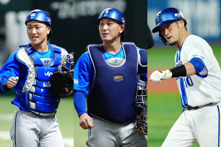 DeNA・古市尊、松尾汐恩、戸柱恭孝(左から)【写真:栗木一考、黒澤崇】