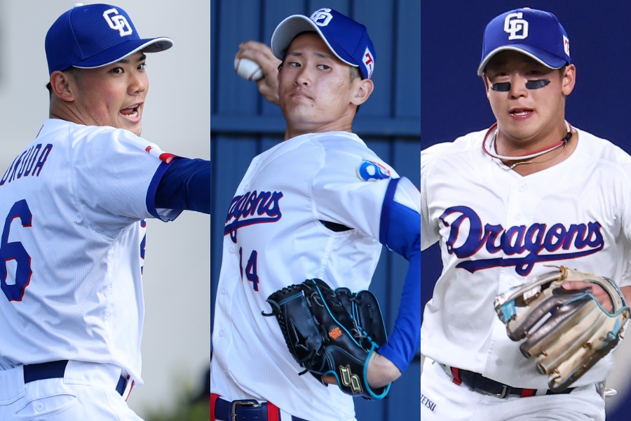 中日・福田幸之介、草加勝、辻本倫太郎(左から)【写真:加治屋友輝】